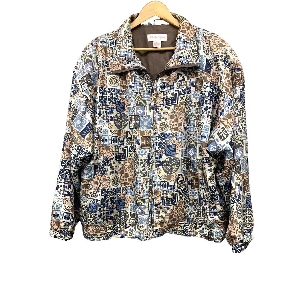 Vintage 80s Silk Bomber Track Suit Jacket Large Brown Blue Tiled Print Granny